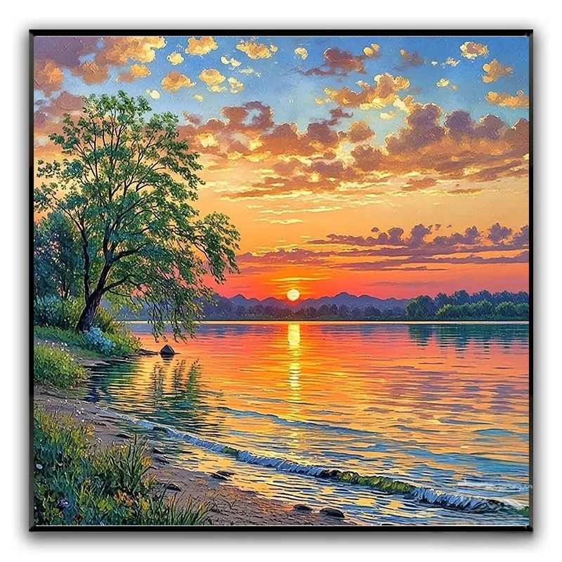 

Healing Scenery Lake Sunset Diamond Cross Stitch Own Hand Embroidery 2026 New Style Simple Modern Cotton Fabric Living Room