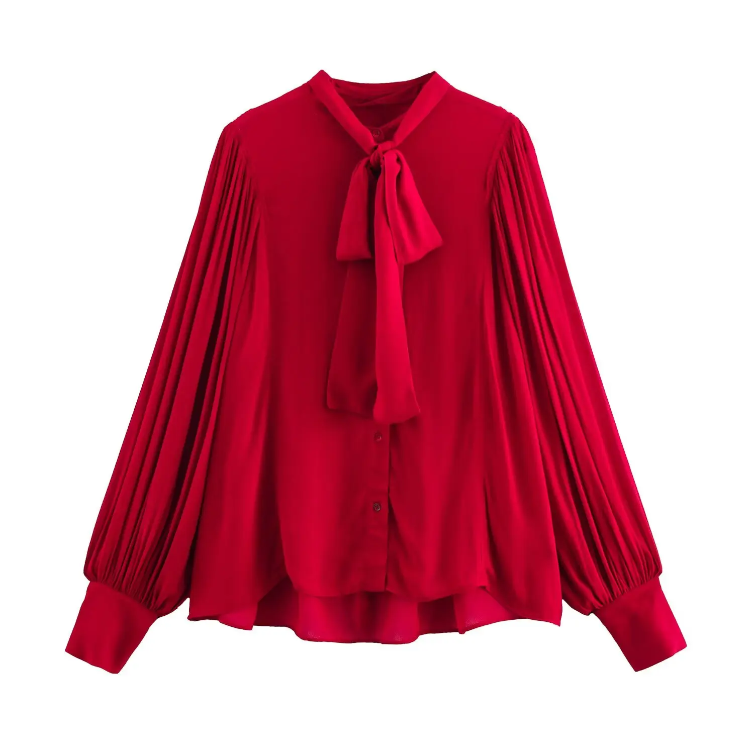 

Red Chiffon Shirt Women Bow Tie Single Breasted O-Neck Long Sleeve Loose Blouse Office Lady 2025 New Spring Summer Fashion Tops