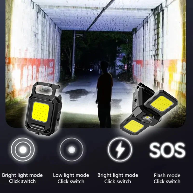 Mini LED Flashlight Folding EDC Torch USB Rechargeable Work Lights Outdoor Waterproof Keychain Light Lantern for Camping Hiking