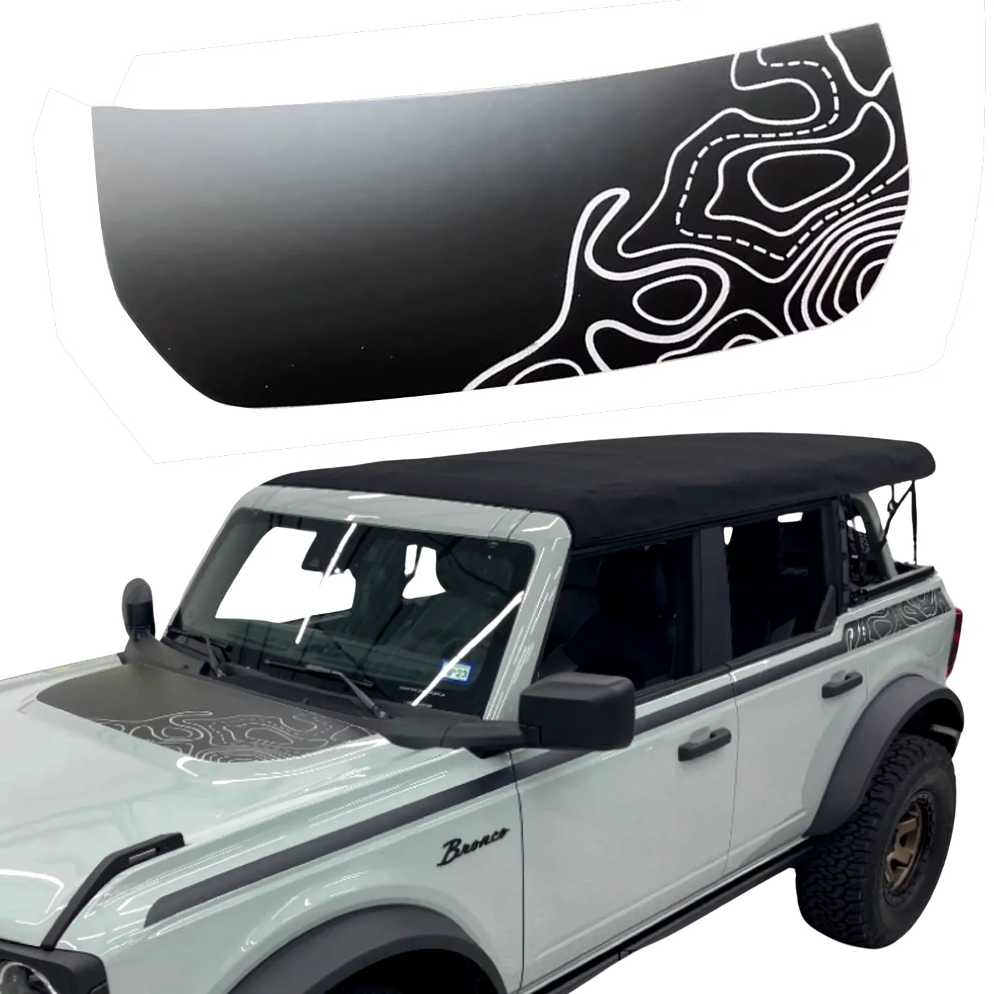 

Матовая черная наклейка на капот Horse Mountain Topo Map Graphics Scoop Decal Виниловая пленка Предварительно вырезанная накладка для Ford Bronco 2021 2022 2023