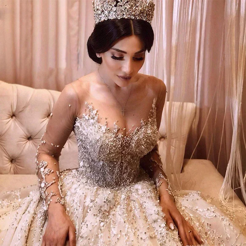 Customized   Heavy Crystals Beads Bridal Gown Cathedral Train Vestidos De Novia Corte Sirena Long Sleeves Wedding Dress