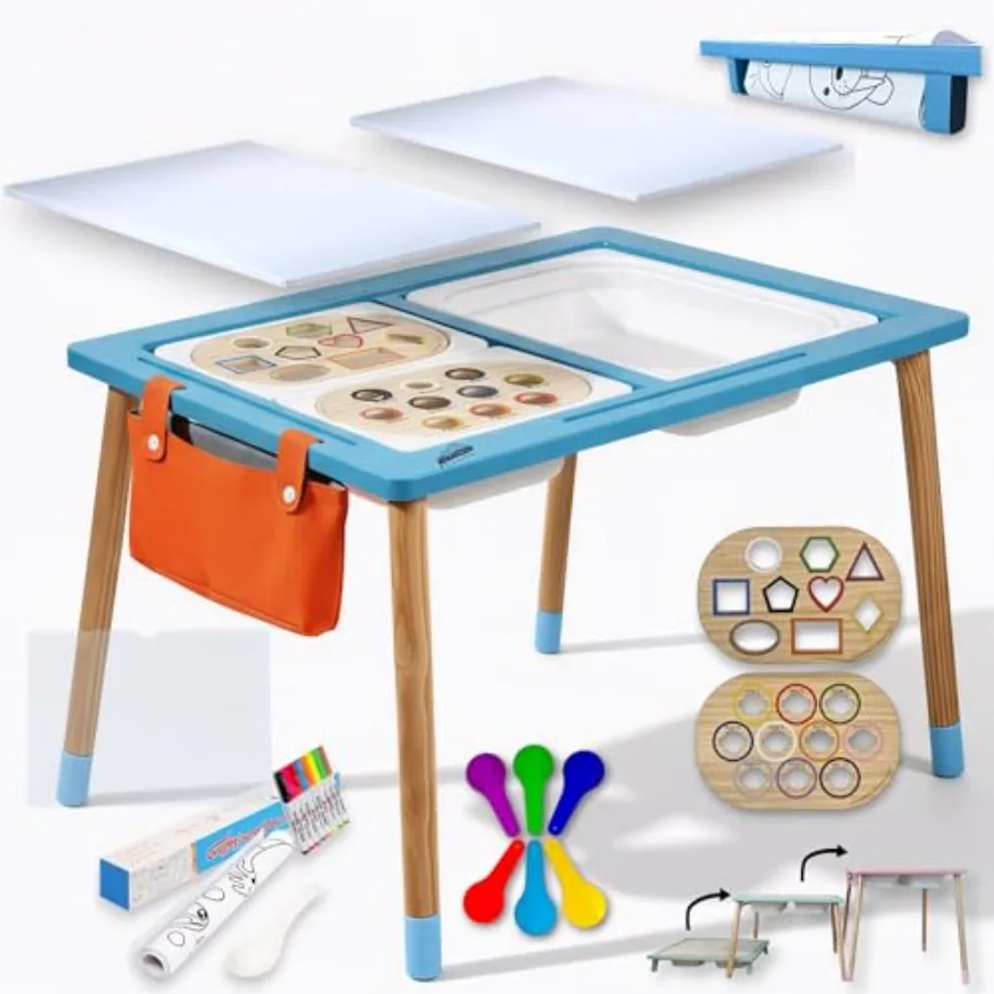 

Синий сенсорный стол для малышей, стол для занятий по методике Монтессори с 3 контейнерами, 2 белыми акриловыми крышками, прозрачной крышкой и держателем для рулонов бумаги.