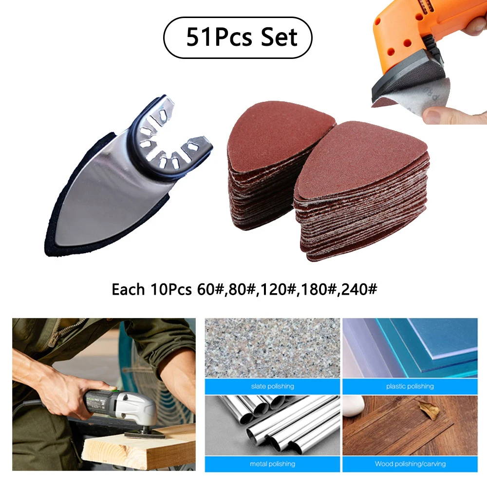 

Набор из 51 шт., наждачная бумага с треугольным осциллирующим инструментом для пальцев, 60/80/120/180/240 # Шлифовальная наждачная бумага, многофункциональный инструмент для шлифования