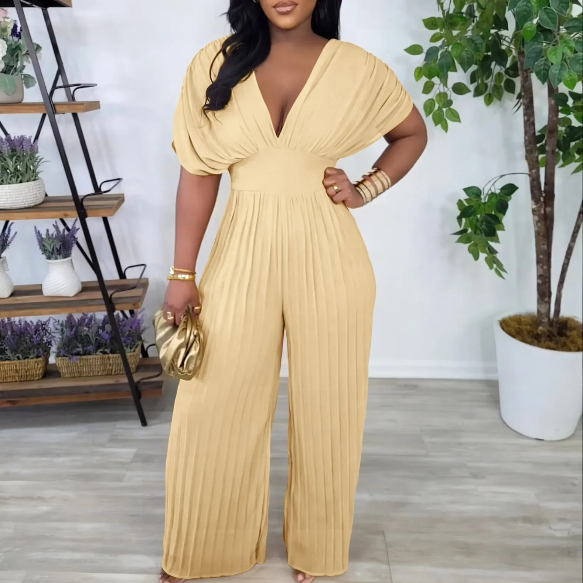 Women Short Sleeve High Waist V-neck Pleated Wide Leg Jumpsuits Summer Beach Holiday Night Party One Piece Suit Romper