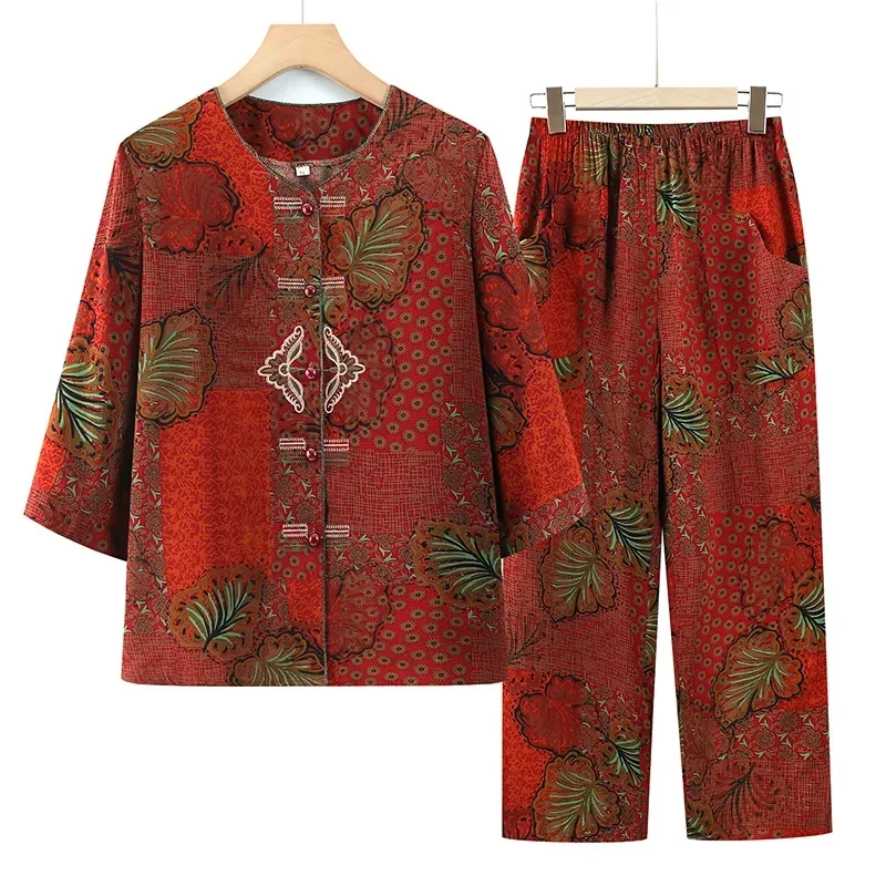 

Korean Middle Aged Mother Thin Half Sleeves 2PCS Summer Women Large Size 5XL Outfit 2025 Female Leisure Tops Pants Two-piece Set