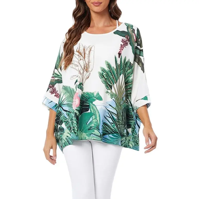 Chemise en mousseline de soie de style bohème pour femme, manches chauve-souris décontractées, col rond, haut imprimé, été, nouveau, 2023