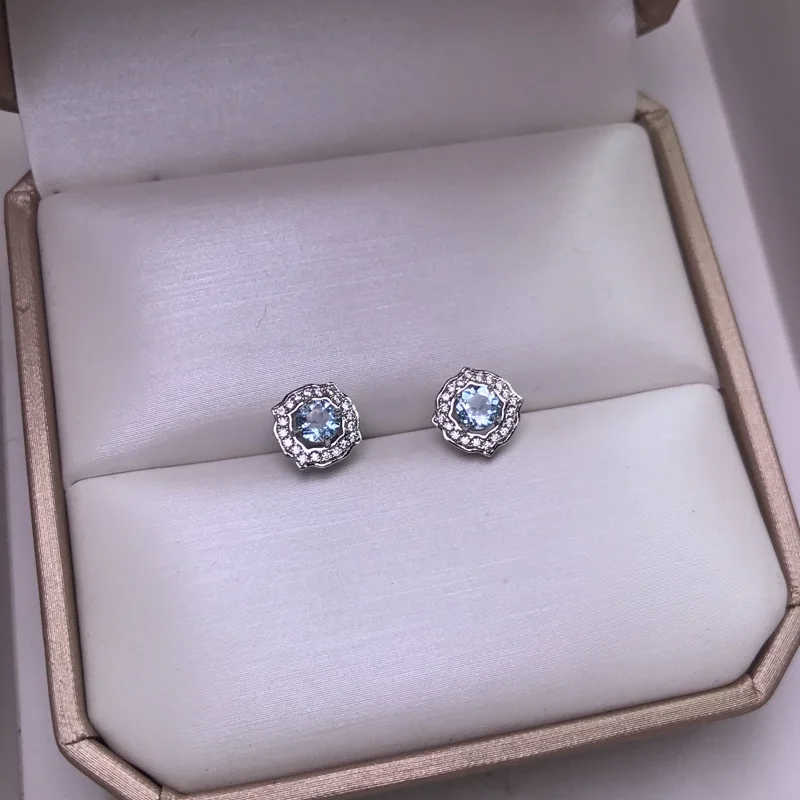 CSJ Elegant Natural Aquamarine Earrings 925 Sterling Silver Gemstone Round 5mm Jewelry for Women Wedding Party Birthday Gift