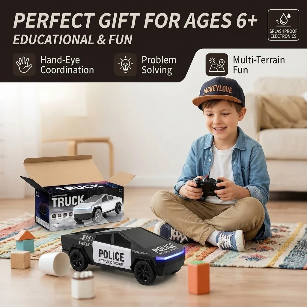 2.4G Remote Control Cyber Pickup Truck, RC Police Car with LED Lights, Rechargeable Off Road Racing Vehicle Toy for Boys Gifts view 5