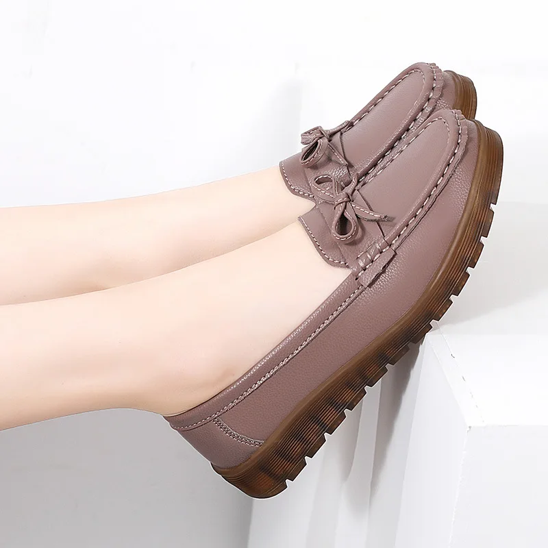 ENJOYOU Autum Genuine Leather Ladieswear Shoes Soft Bottomnon-slip Middle-aged Women's Leather Shoes Slip-on Loafers Shallow Mou