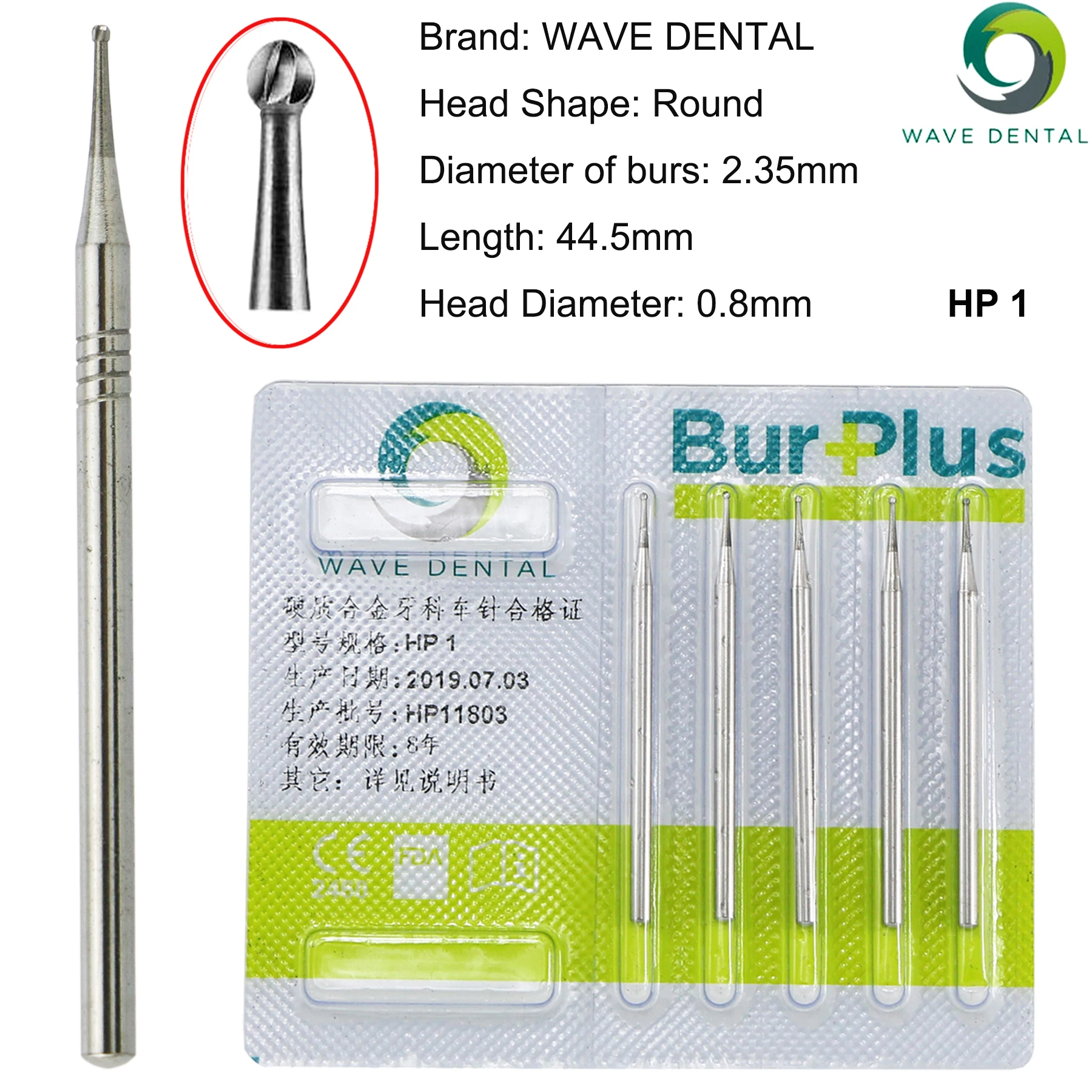 WAVE Dental Round Tungsten Carbide Burs 0.5 to 2.5mm For Straight Nose Cone Handpiece 5Pcs/pack