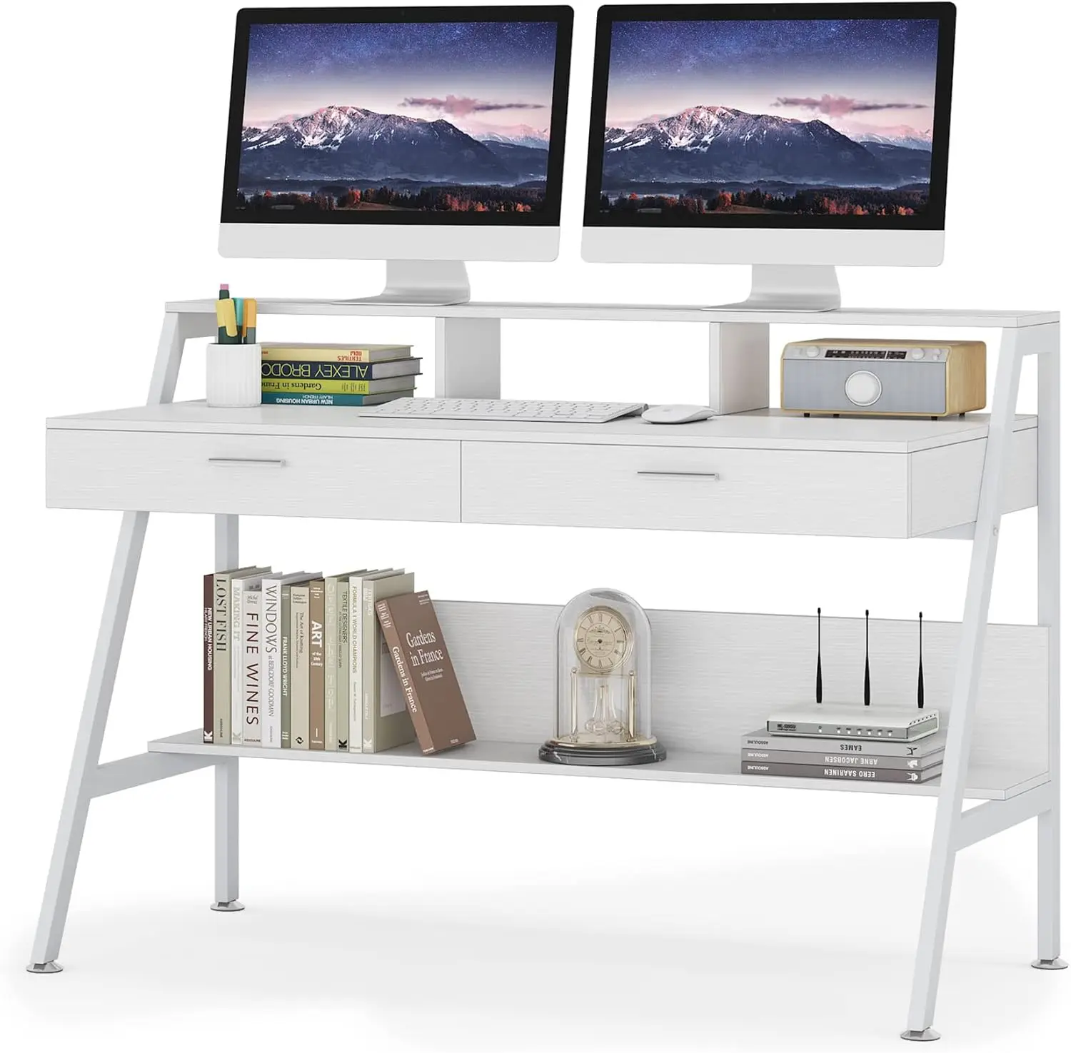 

Computer Desk with Storage Shelf & Drawers, Modern 47 inch Office Writing Desk Study Table with Monitor Stand Riser f