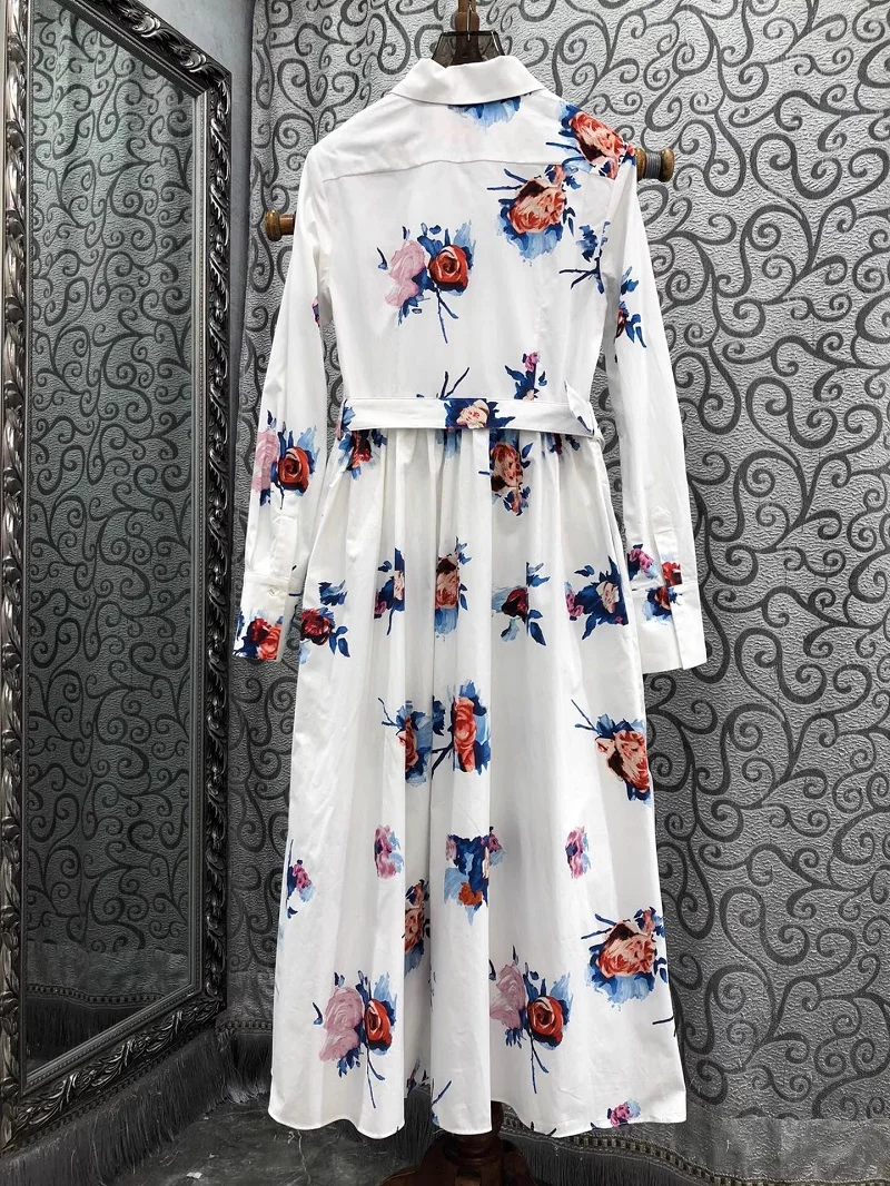 

Top Quality New Spring Dress 2025 Fashion Design Clothes Women Turn-down Collar Blue Floral Prints Belt Deco Long Sleeve Dress