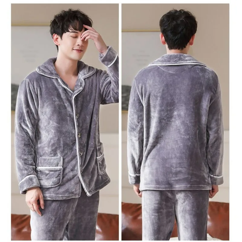 2023 New Men's Pajamas Coral Velvet Sleepwear Autumn Winter Thickened Flannel Loungewear Long Sleeved Middle-aged Homewear Set