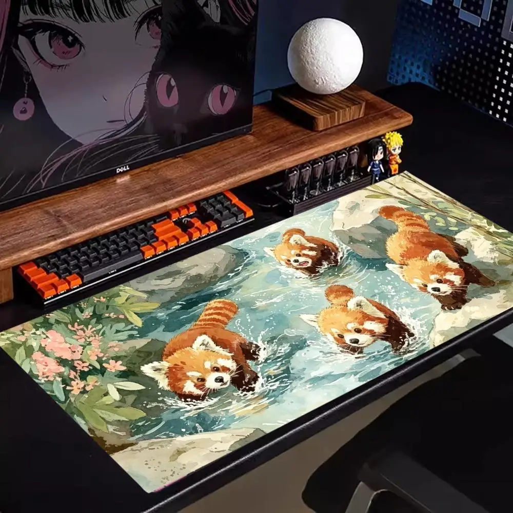 Swimming Red Panda Table Mat Stitched Edges Thick Rubber Play Mat For Kids Home Playroom