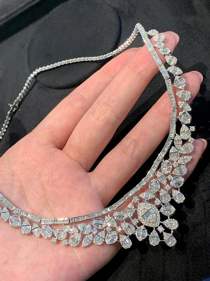 LUOWEND 100% 18K White Gold Necklace Luxury Elegant Style 7.30carat Real Natural Diamond Necklace for Women High Party Jewelry