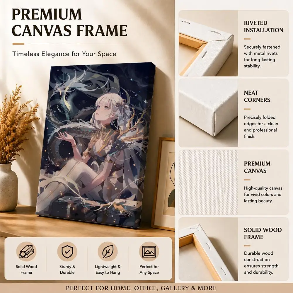 Elegant Game Wuthering W-Waves Camellya Framed Wall Painting Canvas Art Poster with Solid Wood Frame for Living Room Home Decor