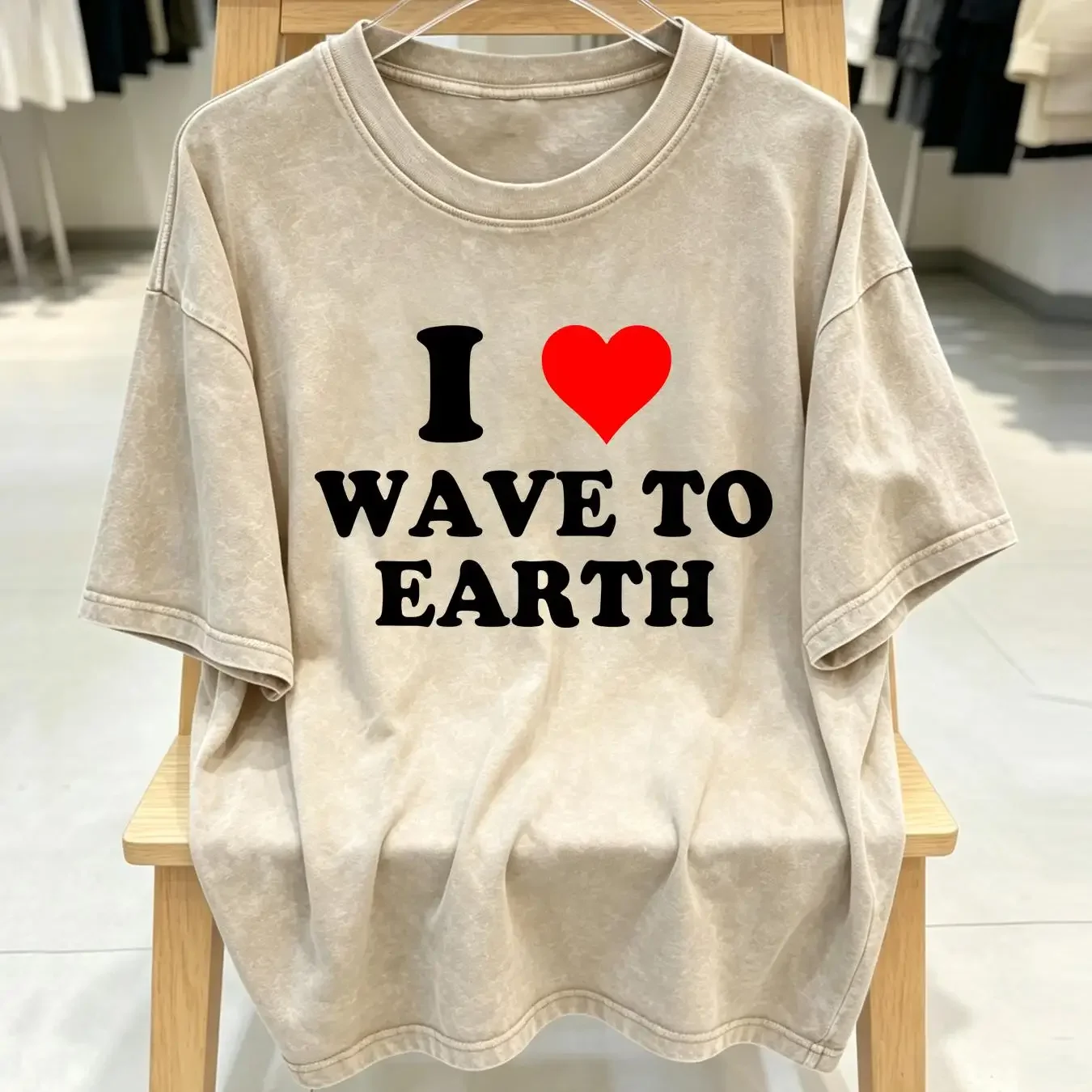 washed T Shirt I Love Wave To Earth Heart Red long or short sleeves vintage Washed Top For Everyday Wear homme Slightly