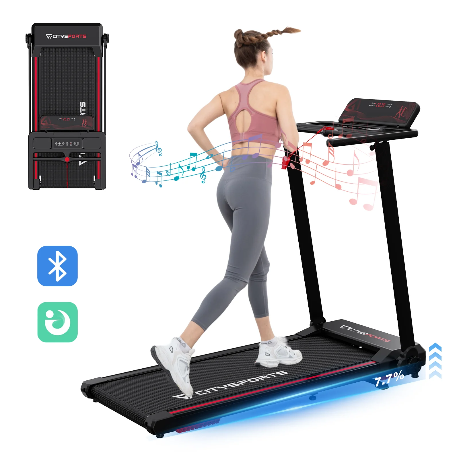 CITYSPORTS PRO tapis de marche,Tapis de Course,Tapis de Course pliable,, tapis roulant électrique avec inclinaison de 7,7 %, tapis roulant avec Bluetooth pour la maison et le bureau, 12 km/h, application, moteur 2,0 HP