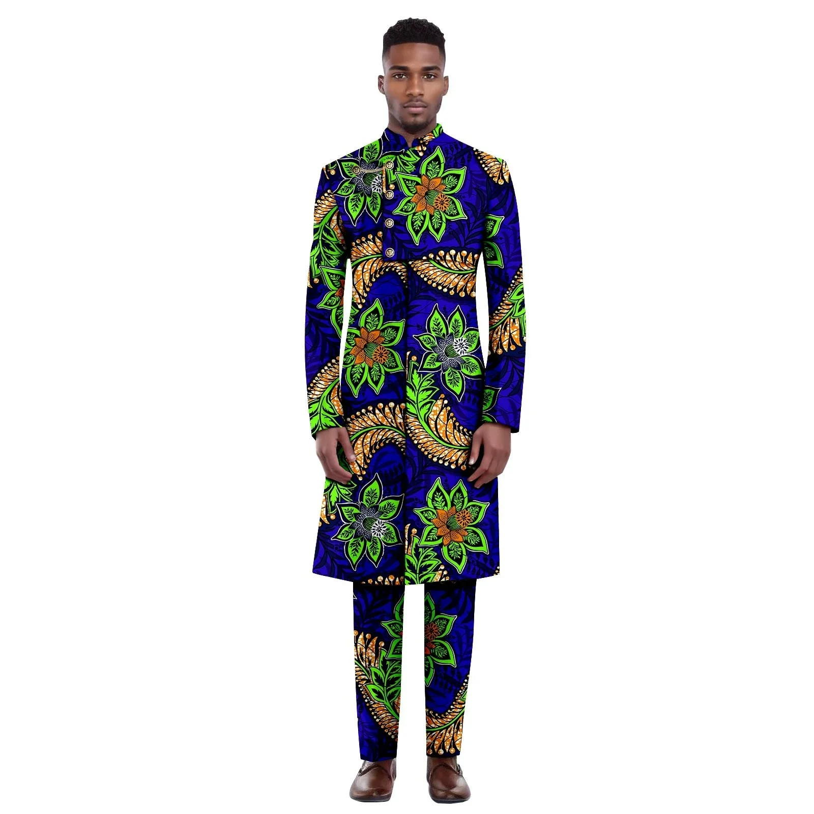 بدلات أفريقية للرجال Dashiki سترات وسراويل مطبوعة مكونة من قطعتين ملابس أفريقية مع منديل العريس لحفلات الزفاف