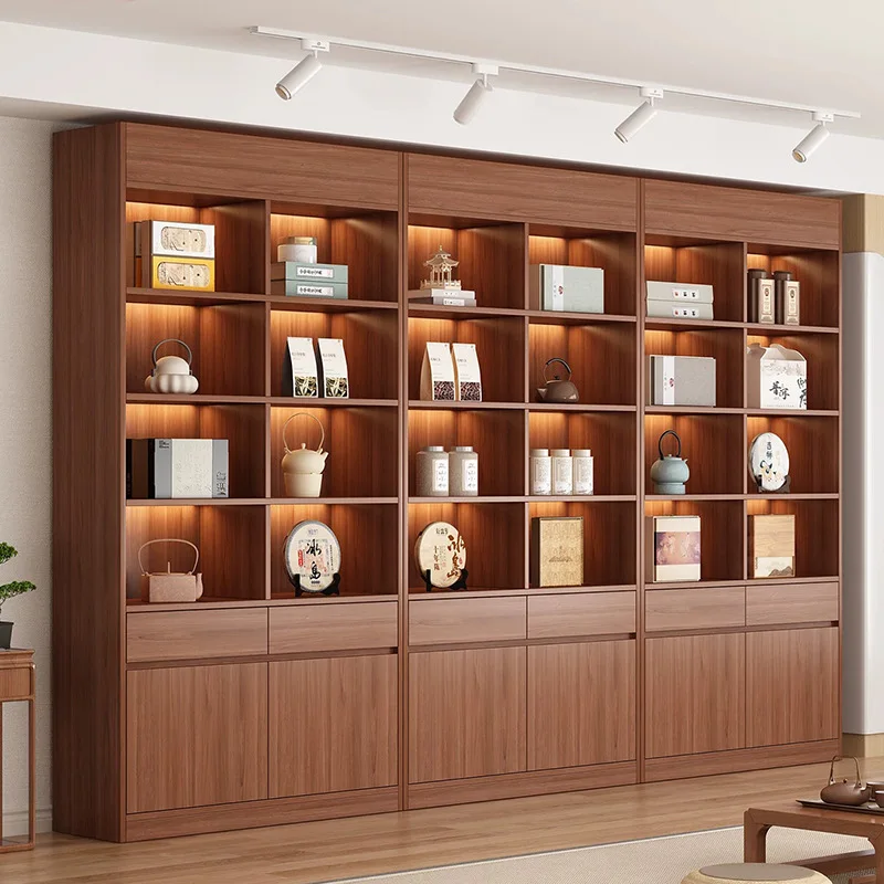 Walnut tea display cabinet, product sample display cabinet, multi-layer merchandise shelves against the wall, supermarket tobacc