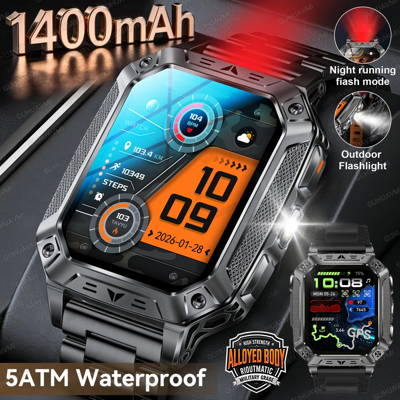 Montre connectée pour homme adulte 2026 avec batterie super capacité 1400 mAh, grand écran AMOLED 2,01 pouces, lampe de poche, fonction d'appel et étanchéité 5 ATM