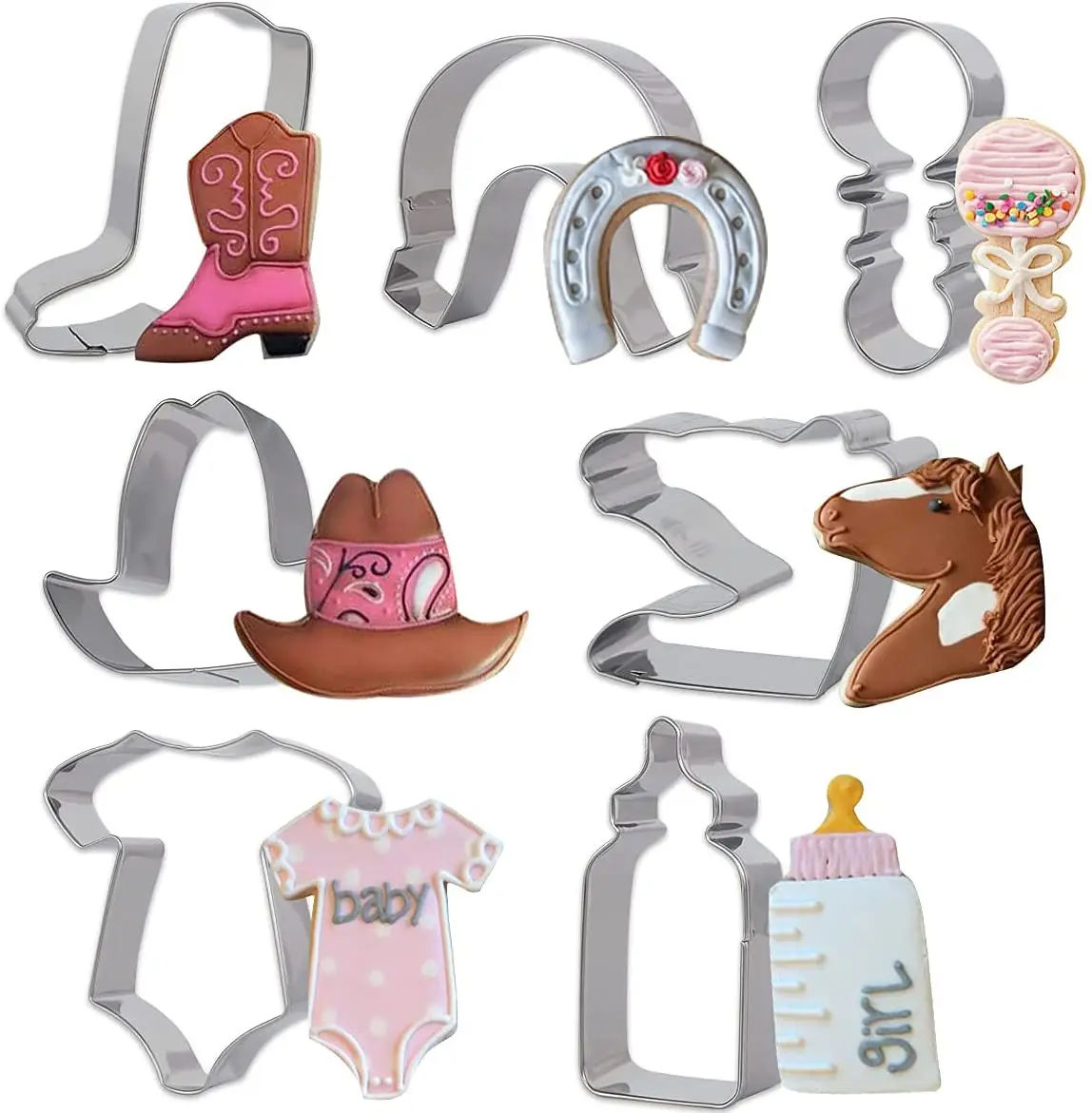 

Western Cowgirl Themed Cookie Cutters 7 Pack Baking Molds Stainless Steel Biscuit Cake Cutter Set for Baby Shower Party Supplies