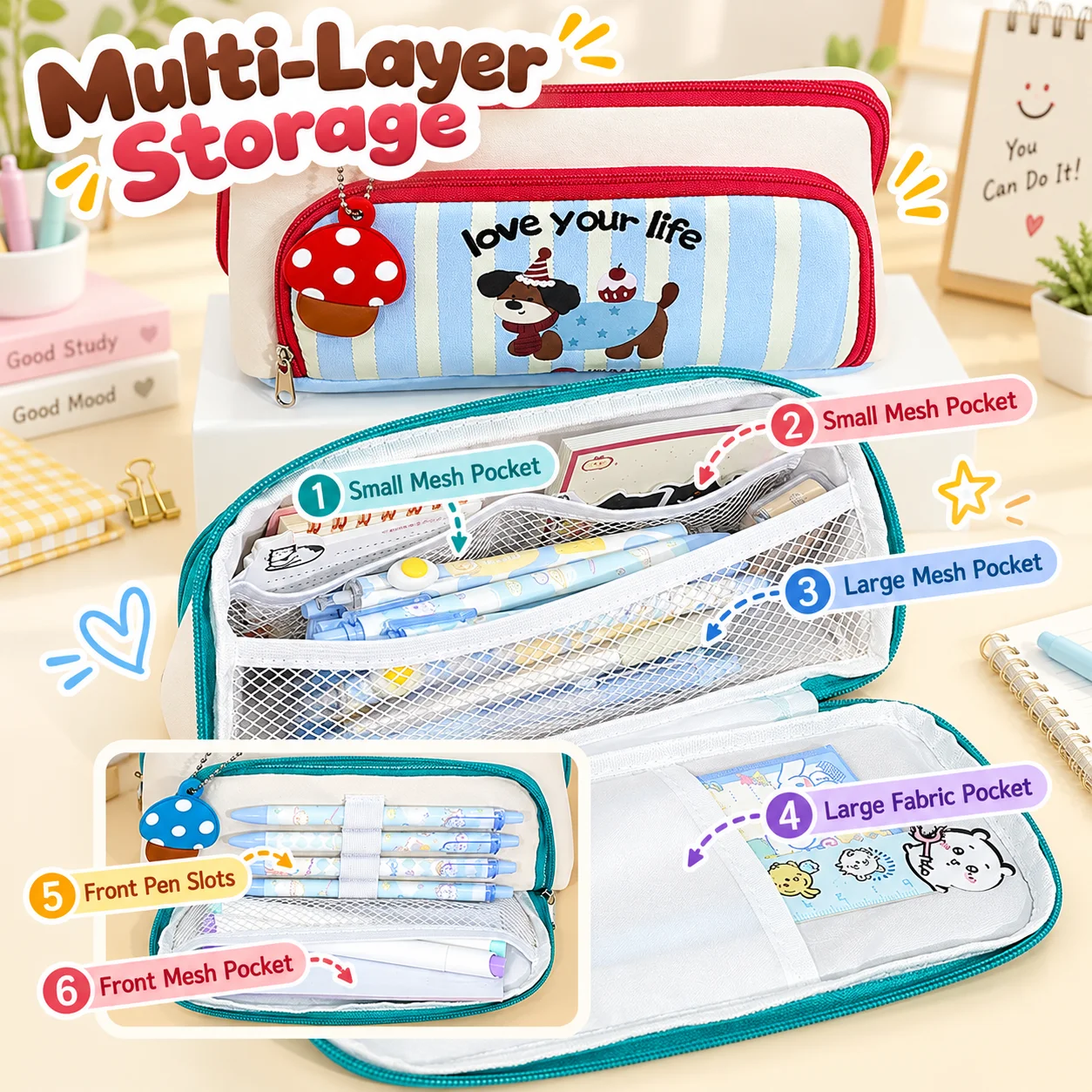 Cute Dog Pencil Case Large Capacity Multi Layer Storage Pencil Bag with Front Pocket Cartoon Puppy Print Pen Pouch School Statio