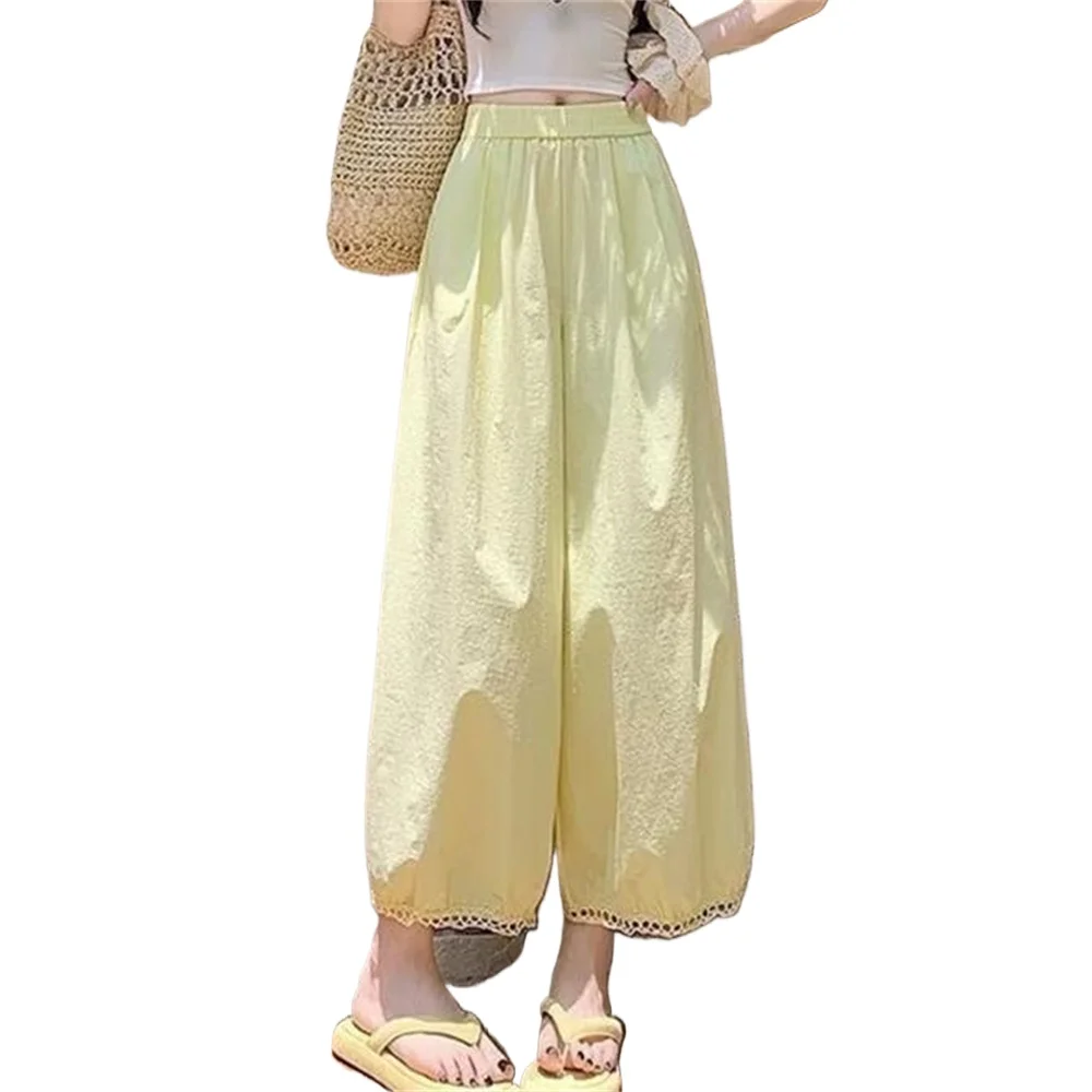 Fashion Lace Hollow Out Flower Lantern Pants Women's Summer Thin High Waist Loose Nine Points Straight Wide Leg Pants Clothes