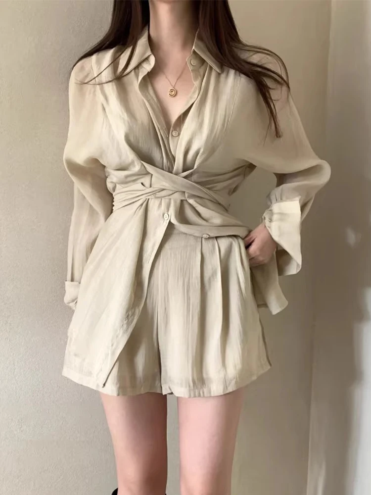 Irt Pinggang Simpul Selempang Musim Semi yang Cantik + Set Wanita Kaki Lebar Pinggang Tinggi Campuran Katun Ansambel Faionable