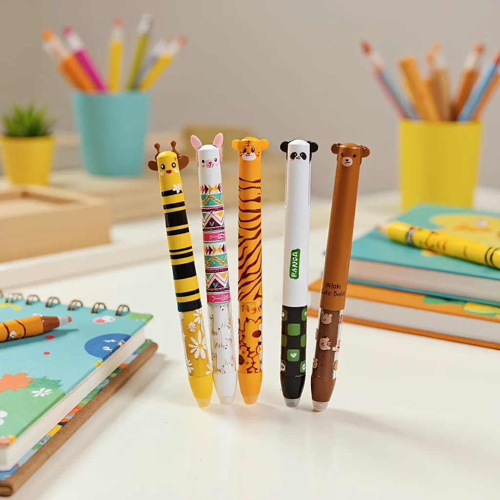 مجموعة من 5 أقلام جل مزدوجة الدفع قابلة للمسح - حبر أزرق/أحمر 0.5 مم، تصميم حيوانات، أقلام حبر جاف أساسية للمدرسة