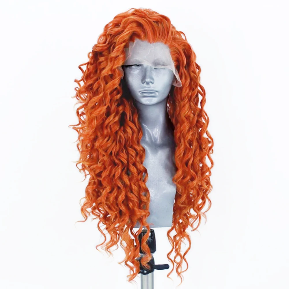 Rongduoyi peruca laranja sintética, peruca frontal de renda para mulheres, cabelo encaracolado, fibra resistente ao calor, parte livre, linha fina natural, perucas cosplay