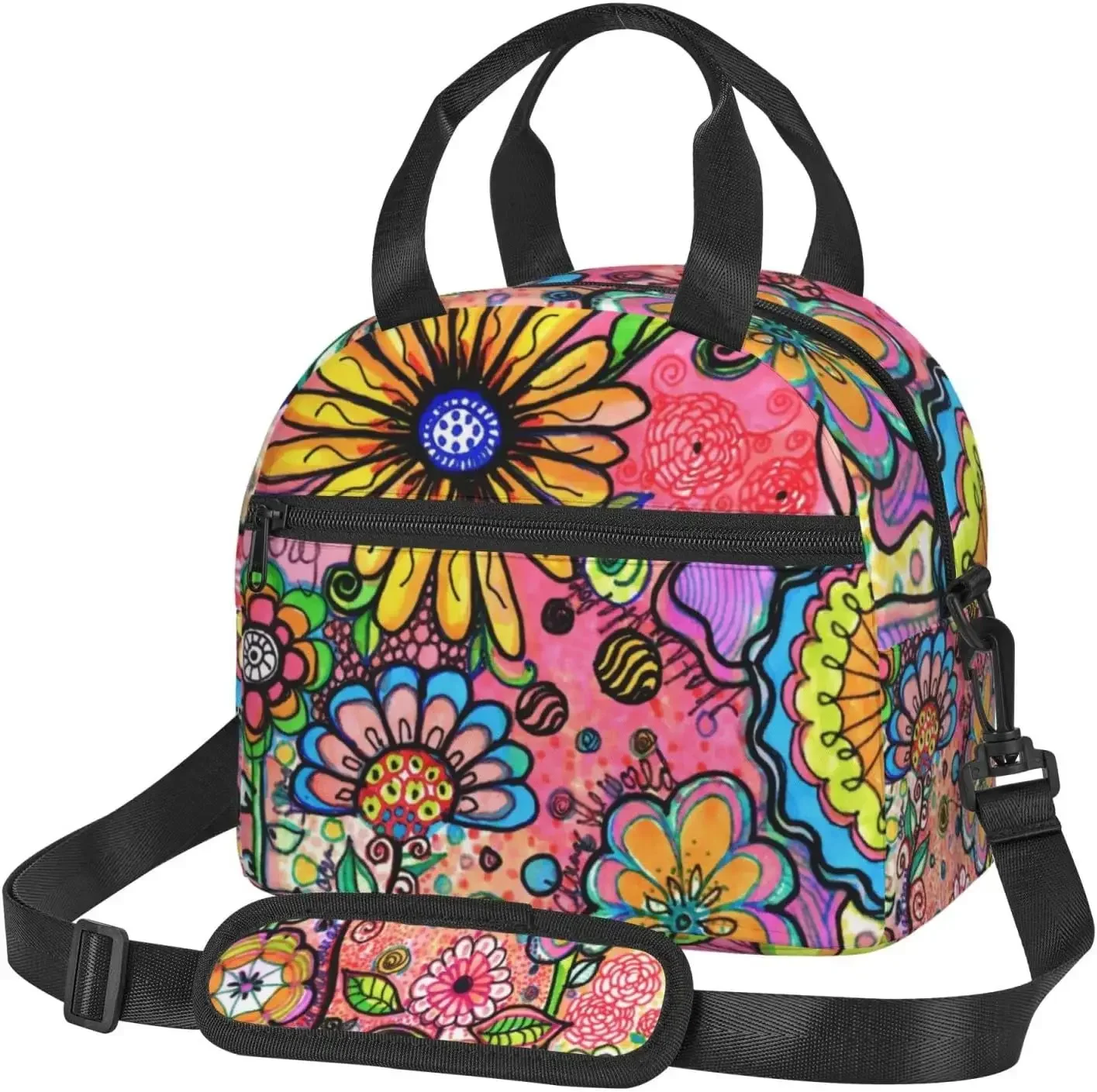 

Hippie Art Flower Lunch Bag Reusable Insulated box Container With Adjustable Shoulder Strap For Office Work School Picnic