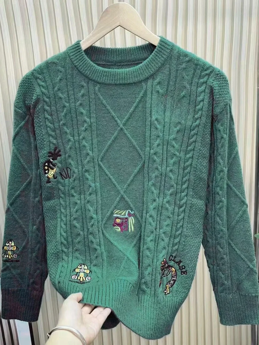 

Heavyweight American Sle Long Sve Dyed in the Fabric Couples Knitwear Luxury Men's Sweater Casual Loose Fit round Ne