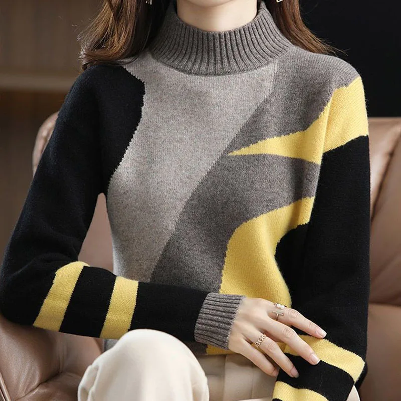 Fashion Elegant Patchwork Sweaters Women\'s Clothing Autumn Winter Female Korean Half High Collar Long Sleeve Knitted Pullovers