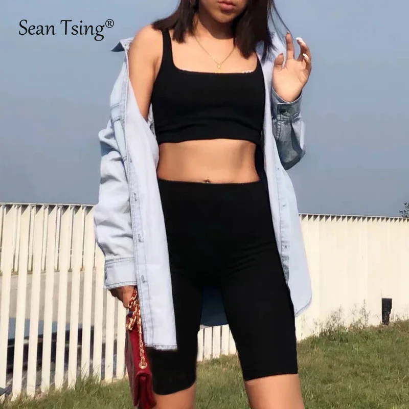 Sean Tsing® Fashion Soft Viscose Biker Shorts Women Fitness High Waist Summer Slim Knee-Length Black Cycling Leggings Sportwear