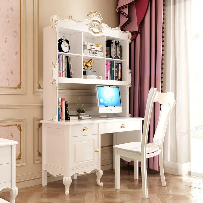 Adjustable Children's Furniture European Desk Bookshelf Combination Simple Solid Wood Computer Table Princess White Table Bed