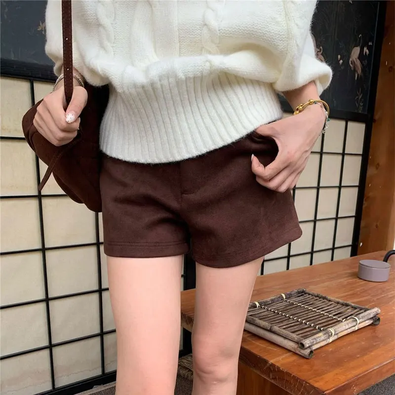 Women High Waist Solid Suede Texture Shorts Casual Fashion Simple Autumn Winter Loose Straight Elegant Basic Daily Short Pants