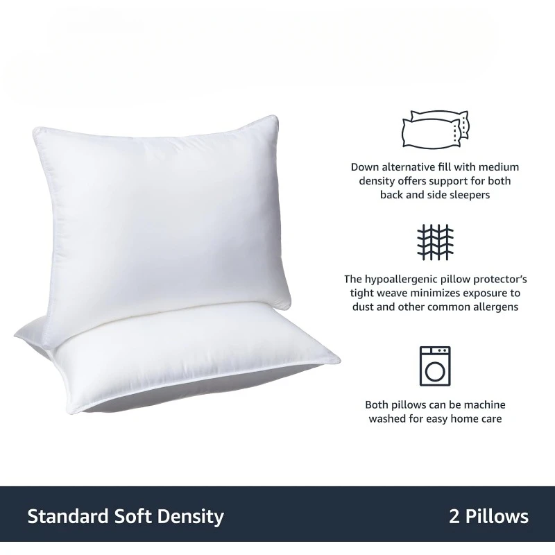 Down Alternative Pillows, Soft Density For Stomach and Back Sleepers, Standard, Pack of 2, White, 26 in L x 20 in W