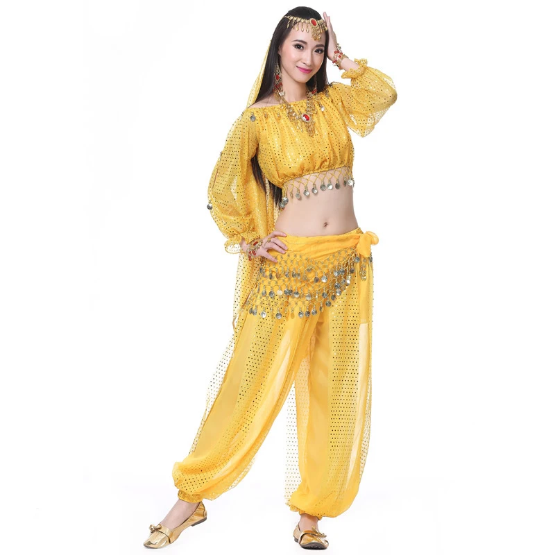 Adult Highlight Belly Dance Costumes Women Bollywood Indian Egyptian Dance Sequin Top+Lantern Long Pants Set Clothes Performance