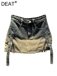 DEAT Women Denim Skirt High Waist Slim Gradient Color Spliced Zipper Design Wrap Hip Mini Skirts 2024 Autumn New Fashion 29L5465