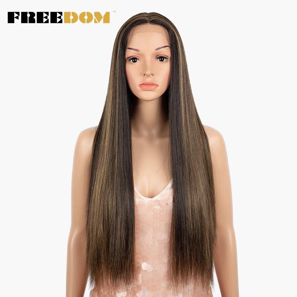 FREEDOM-Peluca de encaje sintético para mujeres negras, pelo largo y liso de 30 pulgadas, suave, color arcoíris, azul, Rubio, jengibre, Cosplay