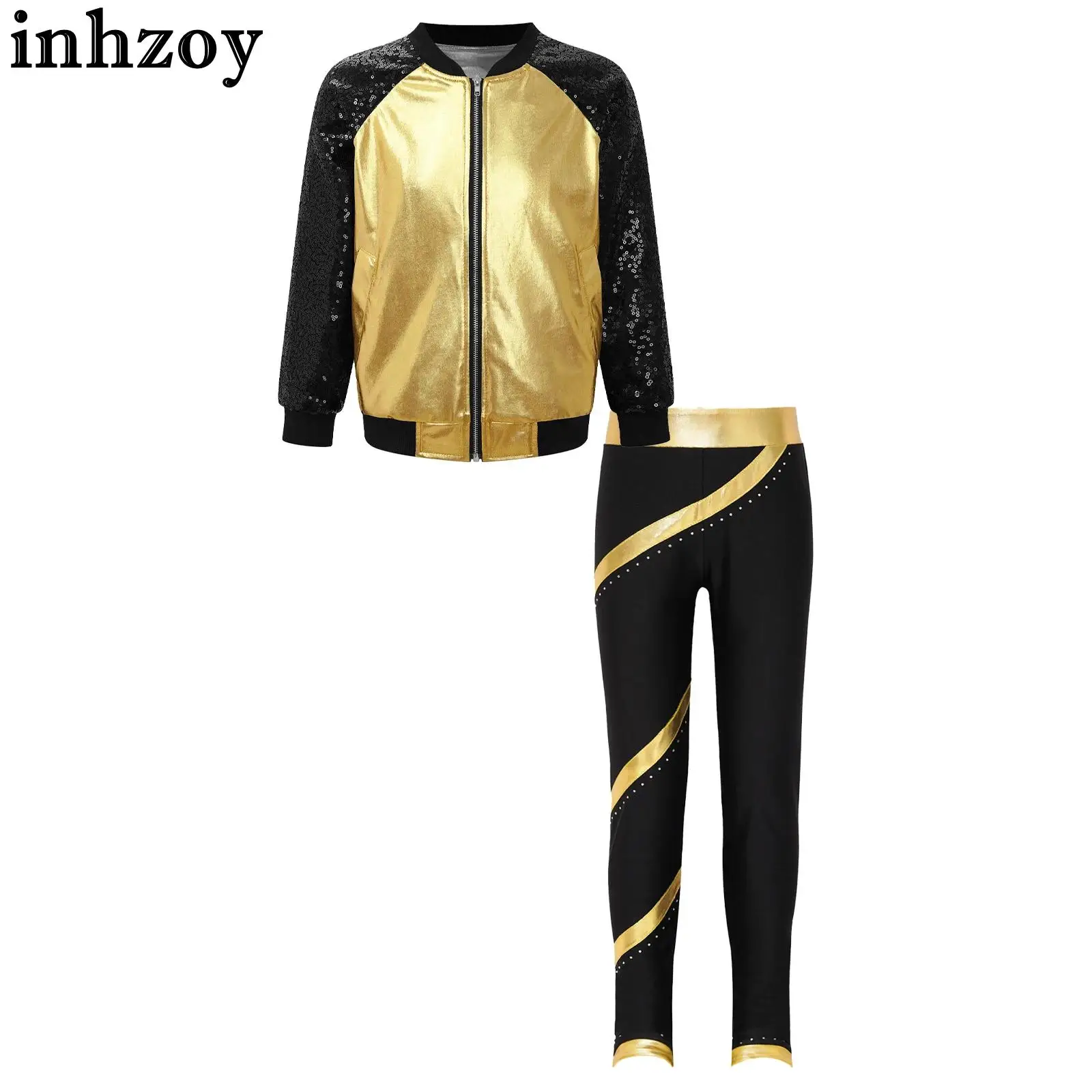 Kids Girls Shiny Metallic Long Sleeve Sequins Bomber Jacket and Leggings Pants Set Hip-hop Dance Performance Competition Costume