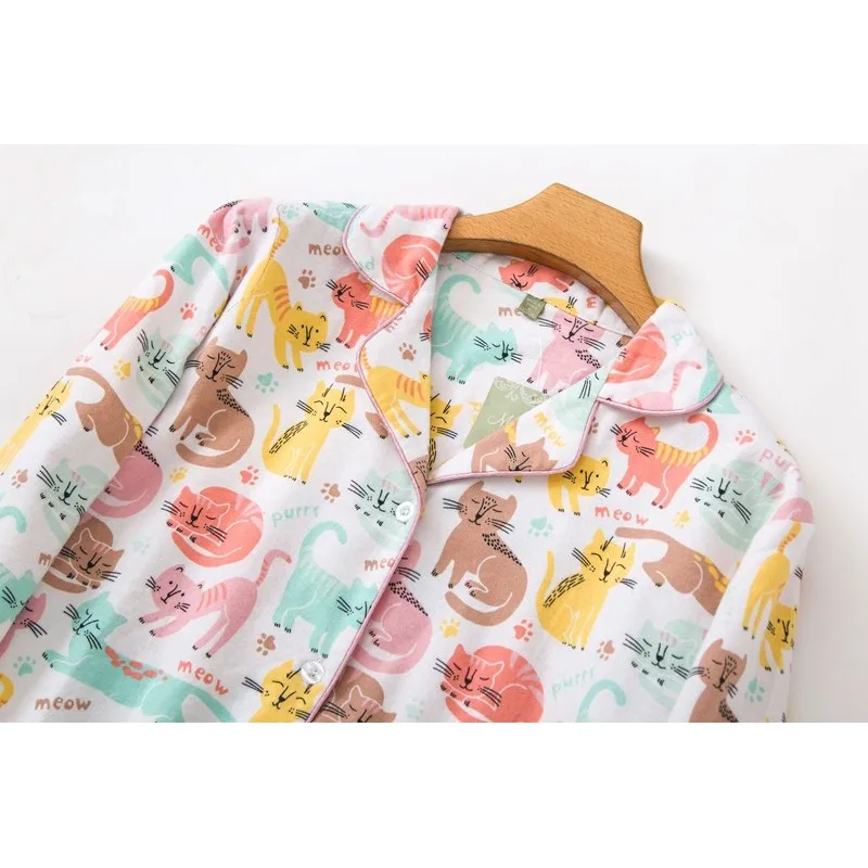 Mùa Xuân, Mùa Thu 2023 Nữ Pyjama Bộ Nữ 100% Cotton Đồ Ngủ Phù Hợp Với Nữ Tay Dài Cổ Bẻ Sơ Mi & Quần