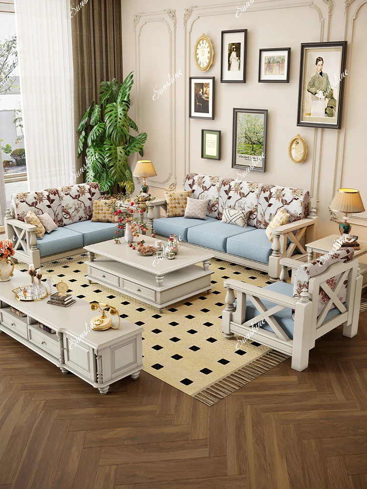 American white sofa solid wood fabric retro small apartment living room three people 123 combination