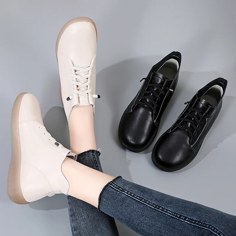 Women Female Mother Ladies Genuine Leather Boots Shoes Platform Lace Up Ankle Autumn Non Slip Soft British Style