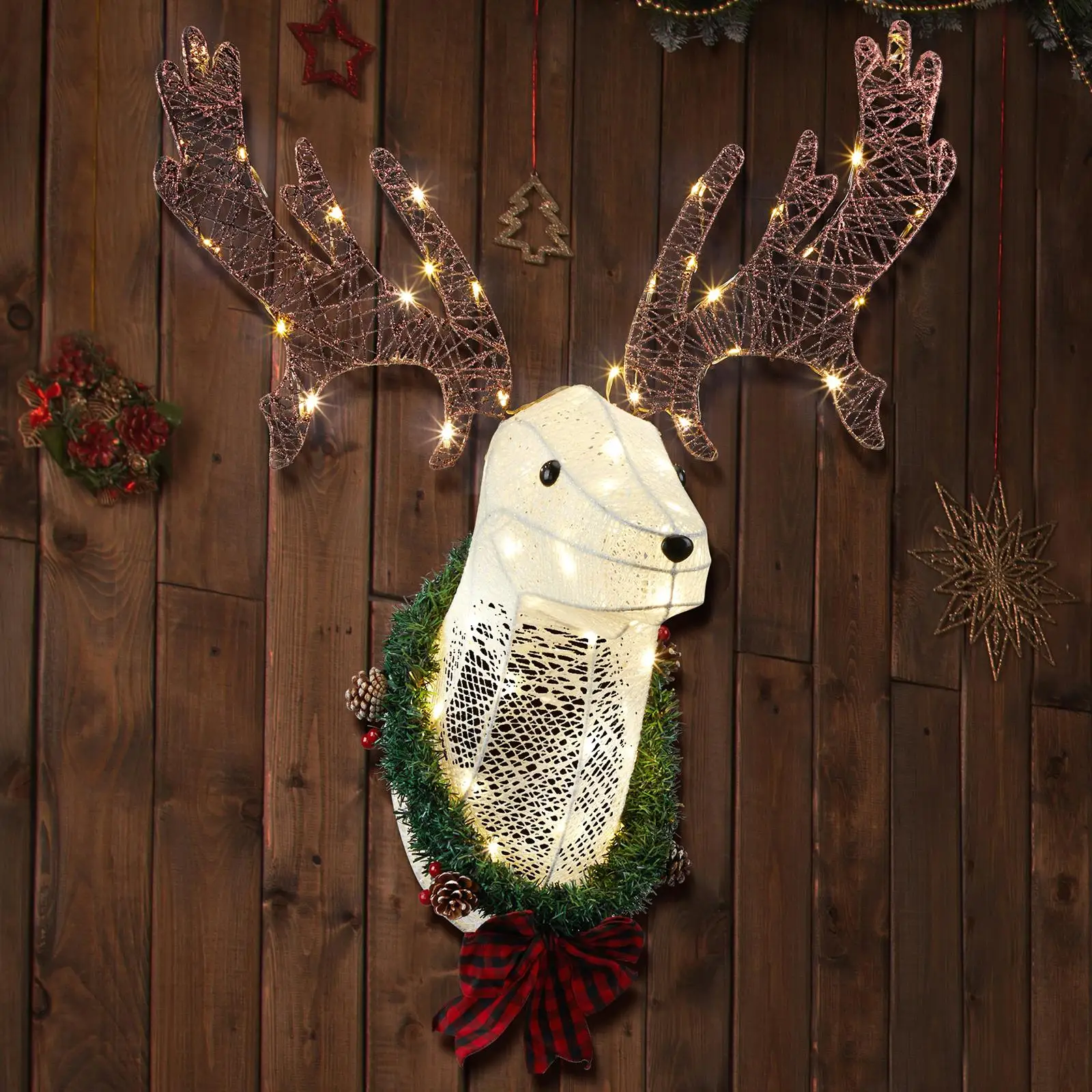 39 Lighted 3D Reindeer Head Wreath - Pre-lit Christmas Wall Decor for Indoor/Outdoor Holiday Display