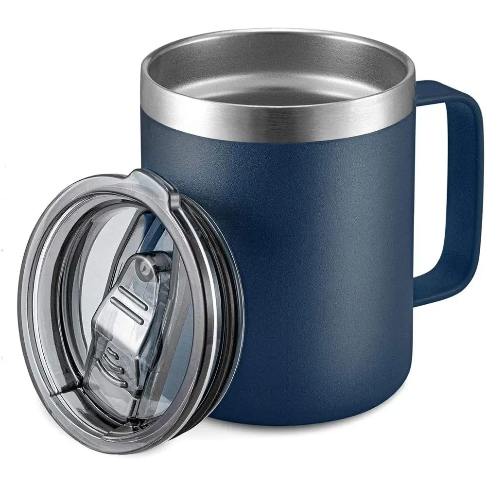 Double Wall Vacuum Insulated Stainless Steel Travel Mug with Handle and Sliding Lid, Navy Blue