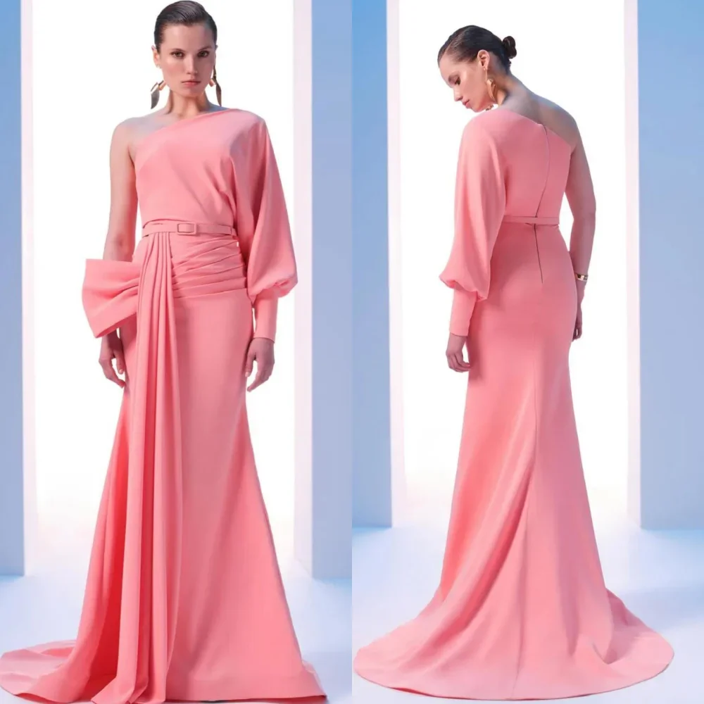 

Customized Jersey Pleat Sash Evening Mermaid One-shoulder Bespoke Occasion Gown Long Dresses