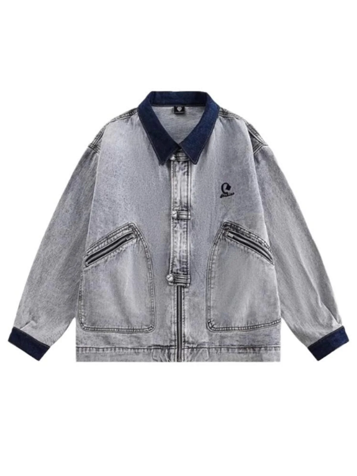 

Retro American Trendy Brand Worn-In Waed Color Blo Button Denim Jaet Loose Casual Versatile Cool Looking Jaet for Teens