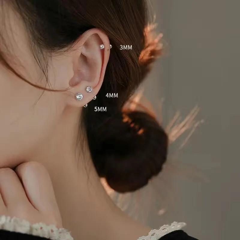 925 Sterling Silver 3/4/5MM Round Zircon Mini Stud Earrings For Women Classic Fine Jewelry Piercing Bone Ear Accessories view 2